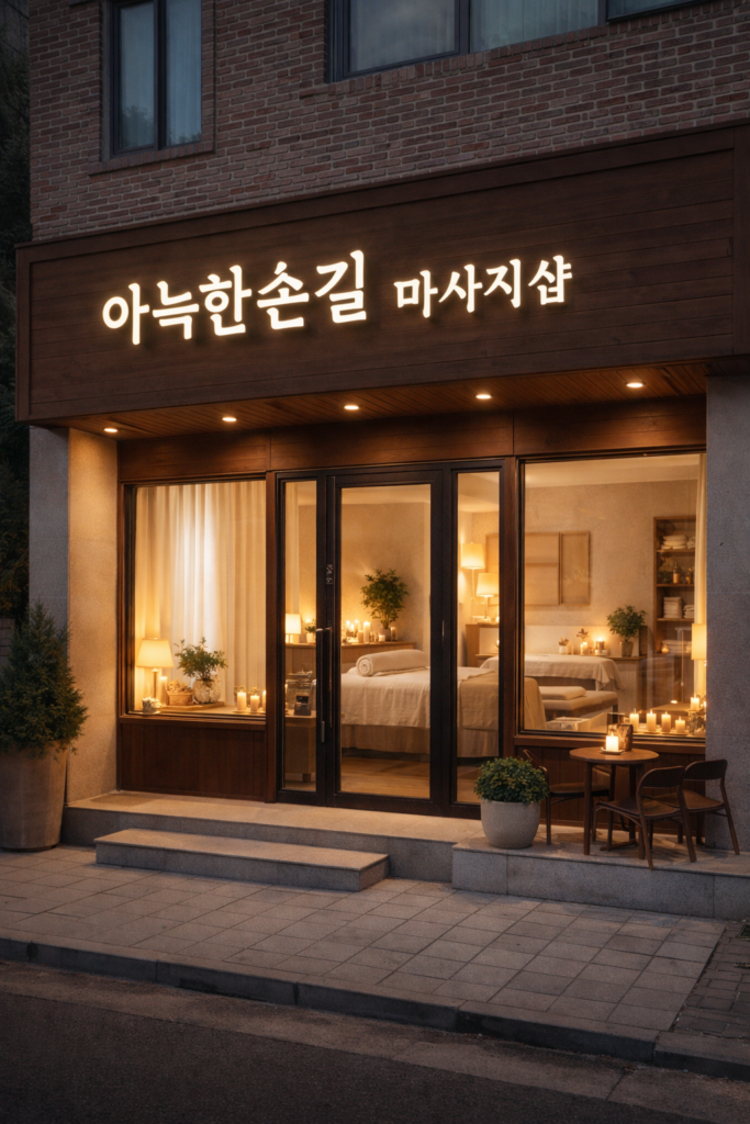 따뜻한 조명과 아늑한 분위기의 아늑한손길 마사지샵 건물 외관 사진